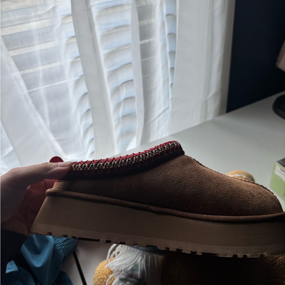 UGG Brown Suede Mules with Red Trim